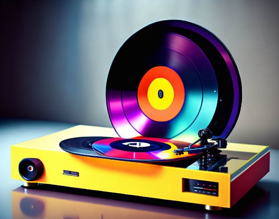 Colorful vinyl record spinning on modern turntable with yellow and blue design