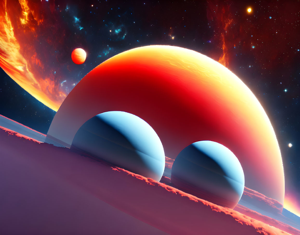 Digital art of alien landscape with domed structures, red planet, and starry sky