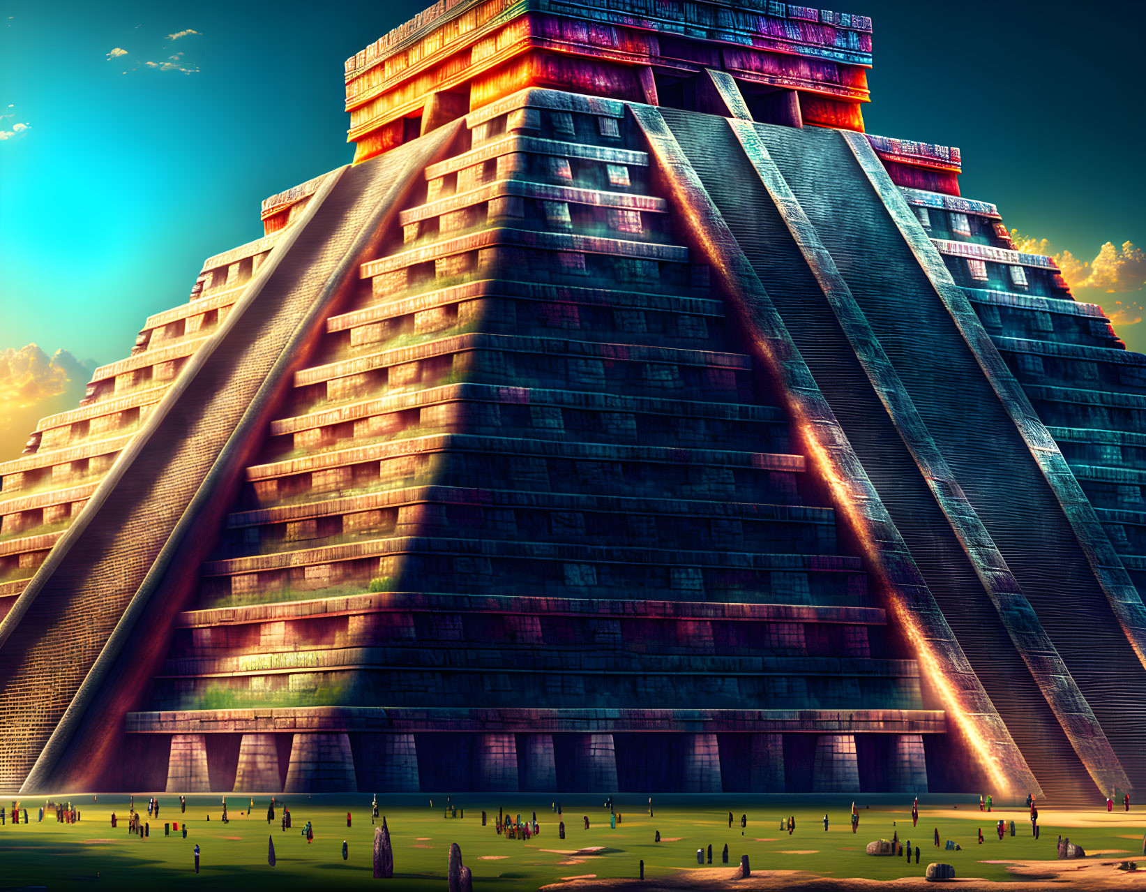 Vividly colored digital artwork of Mesoamerican pyramid with people-like figures