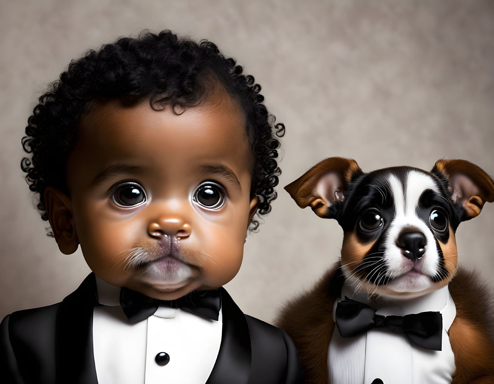 Toddler and puppy in tuxedos with bow ties, big shiny eyes