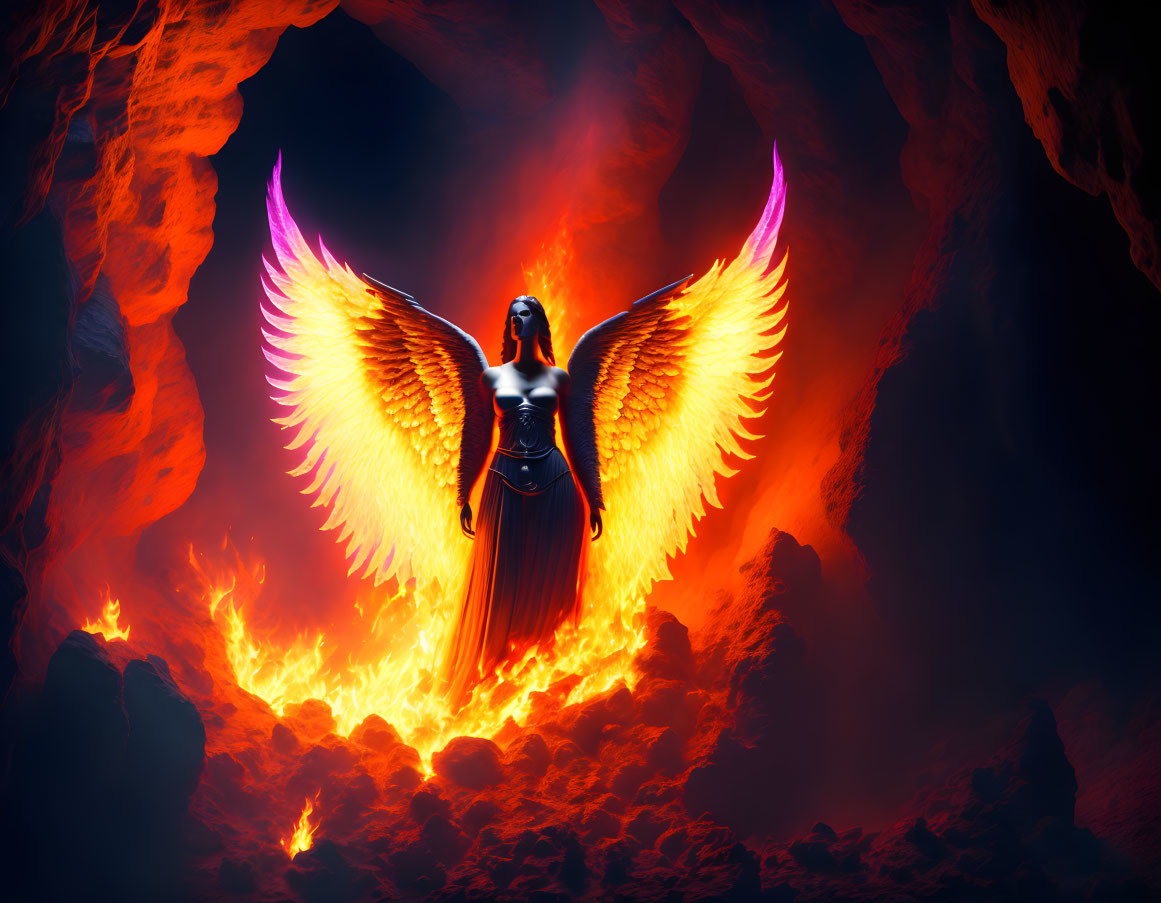 Female Figure with Luminous Orange Wings in Dark Fiery Cavern