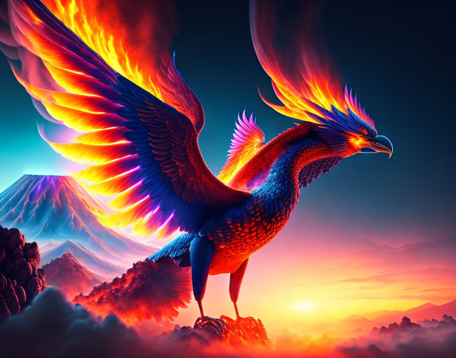 Majestic phoenix with fiery wings in dramatic sky & volcanic landscape