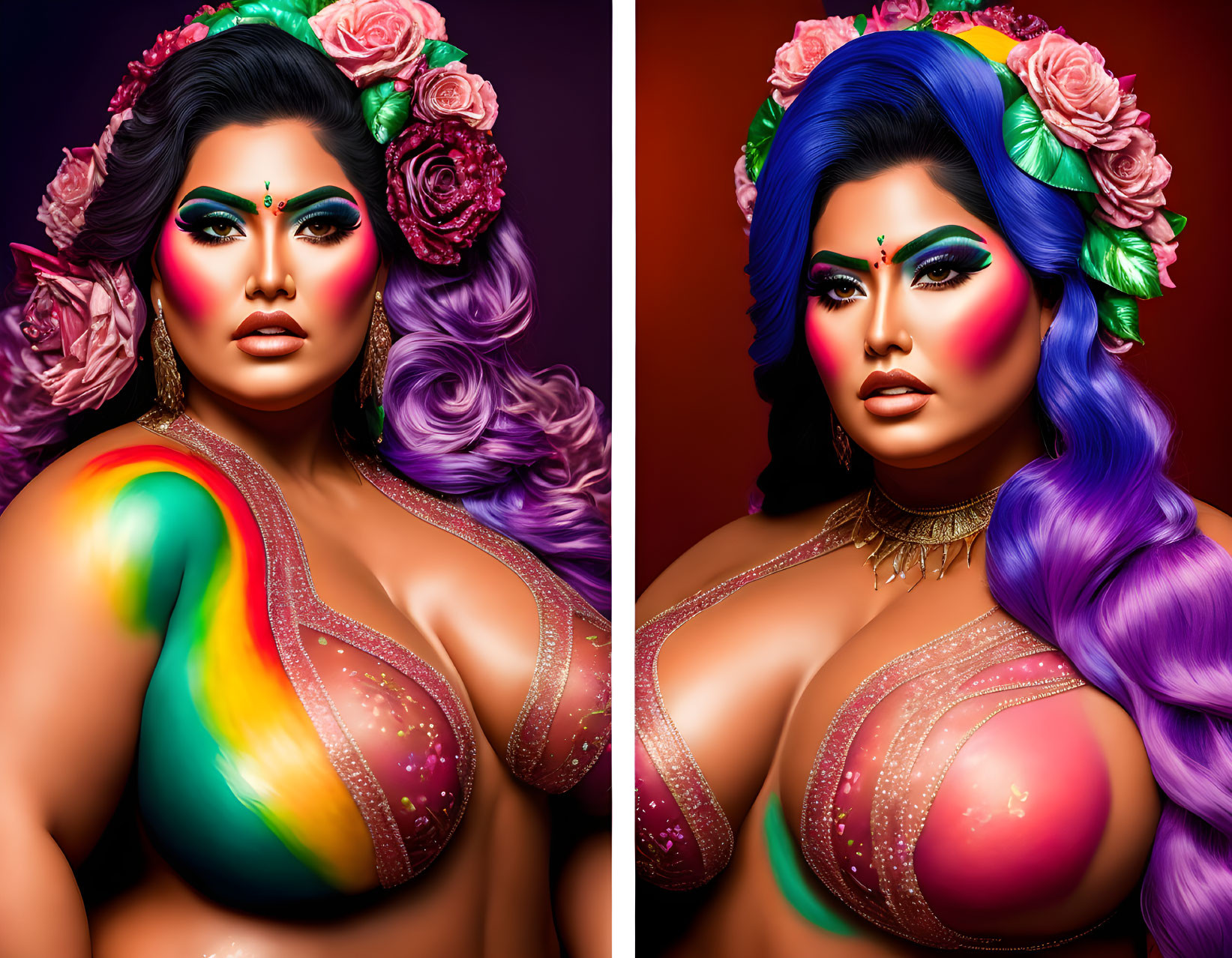 Colorful woman portrait with dramatic makeup, flowers in hair, and rainbow body paint