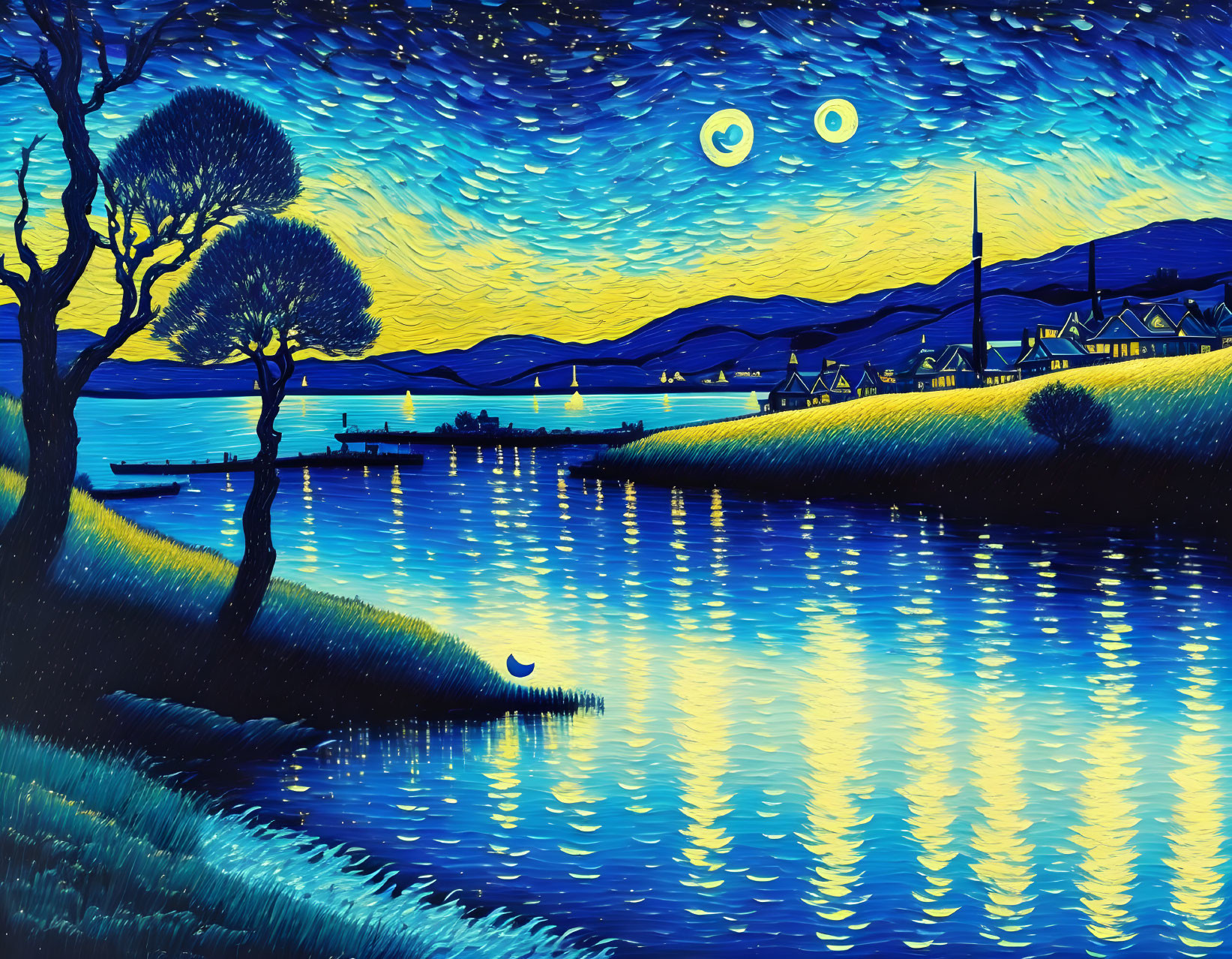 Nocturnal landscape painting with swirling starry sky, reflective water, silhouetted trees,