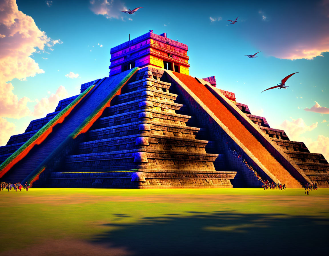 Computer-generated image: Ancient Mesoamerican pyramid at sunset