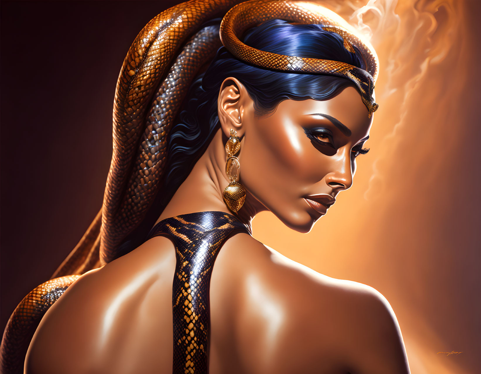 Woman with Serpentine Features and Golden Snake in Fiery Setting