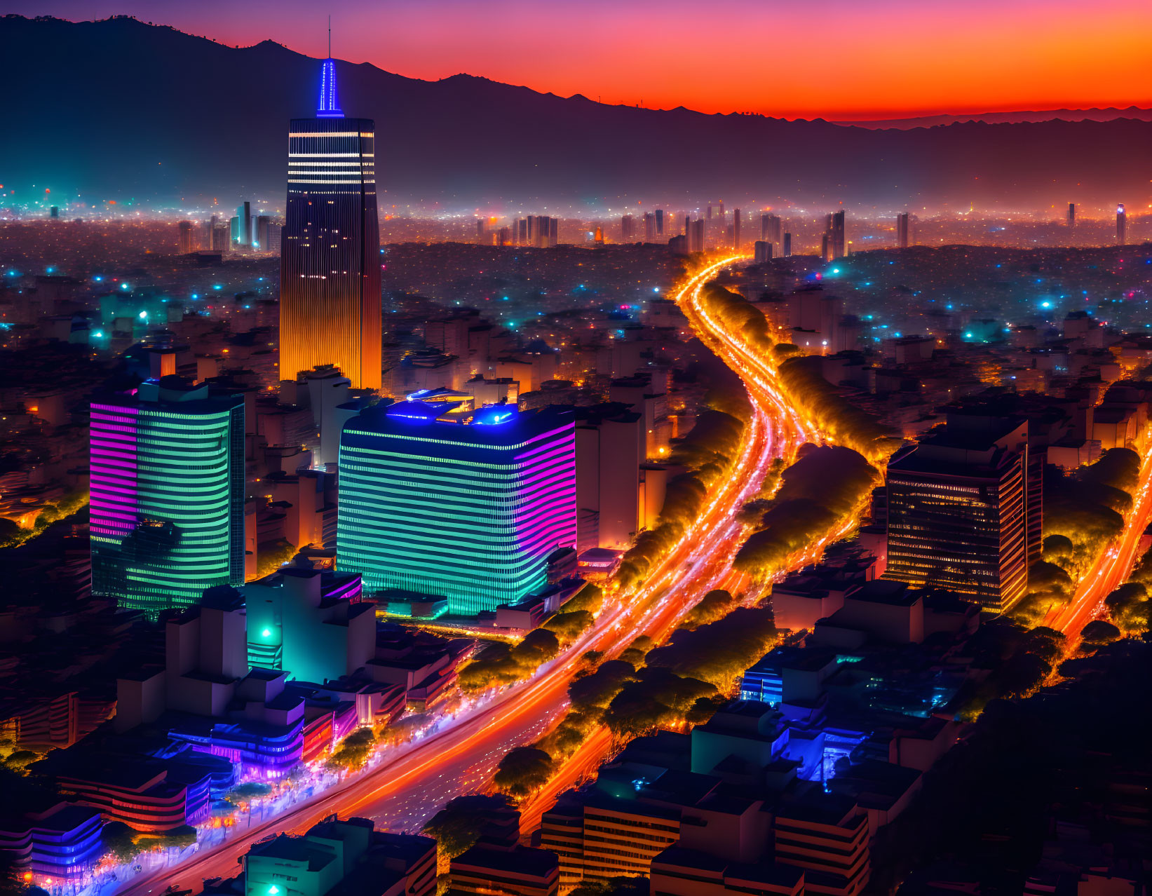 Cityscape at Dusk: Illuminated Skyscrapers and Vehicular Light Trails