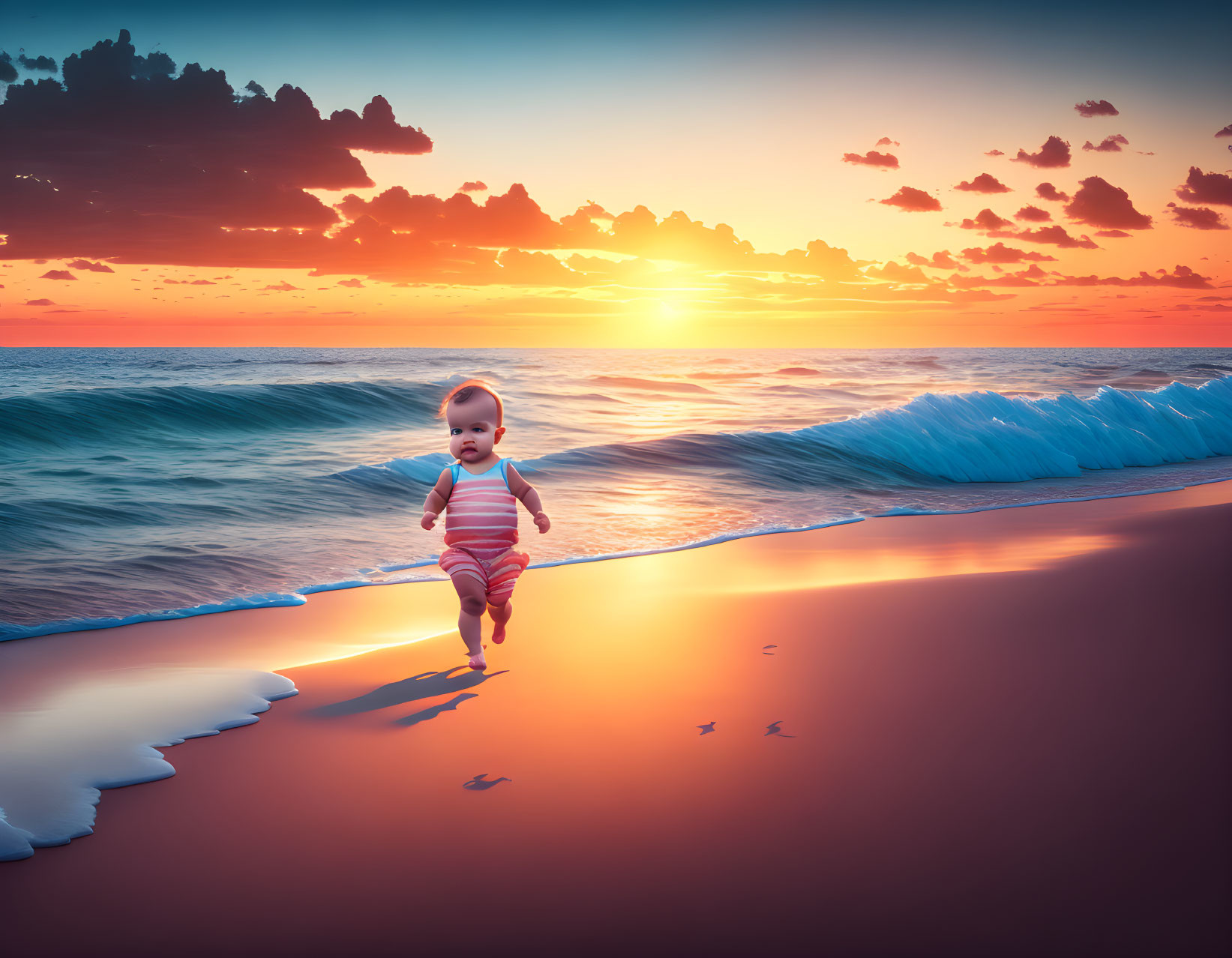 Toddler running on sandy beach at sunset