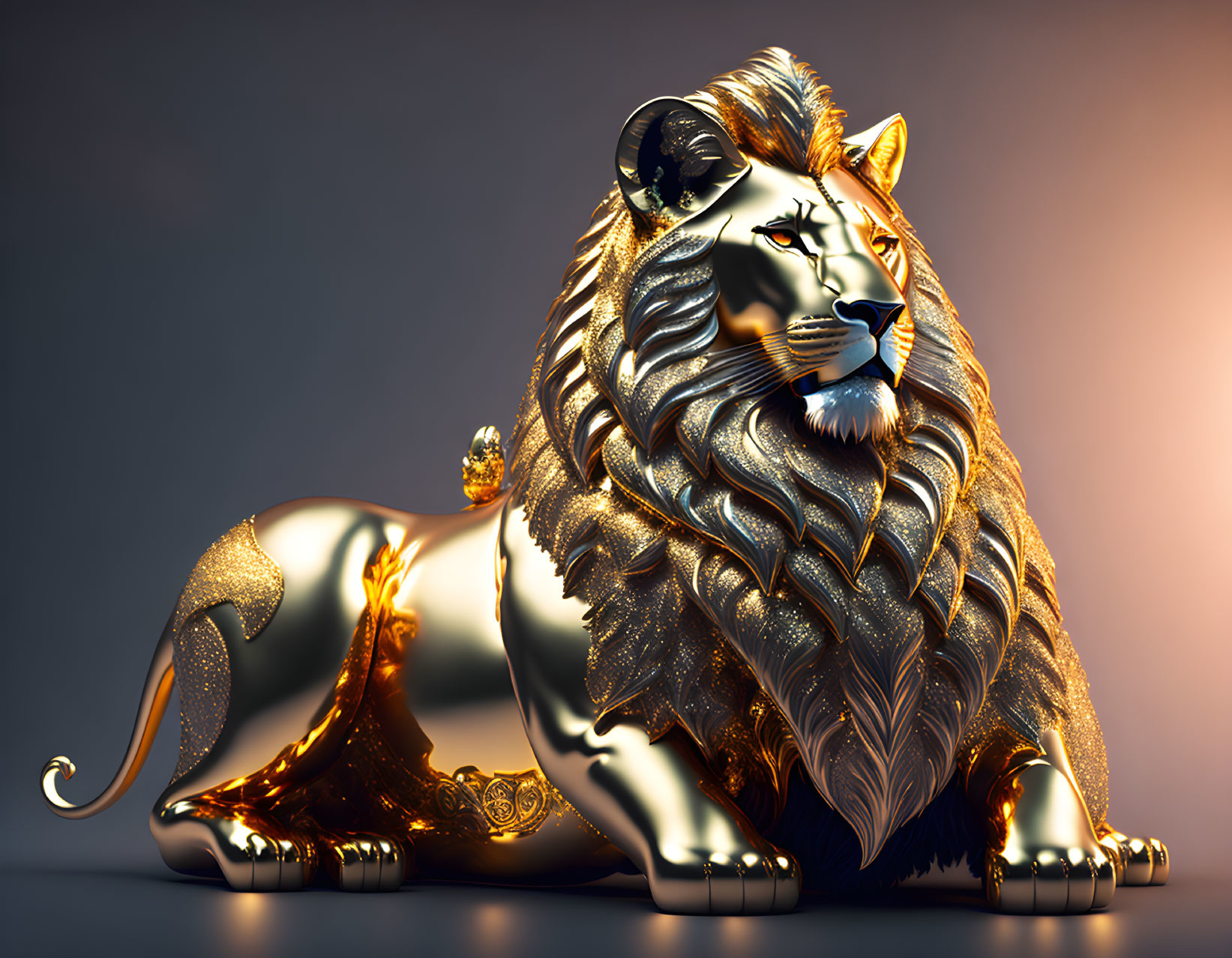 Intricately designed golden lion sculpture with glistening mane