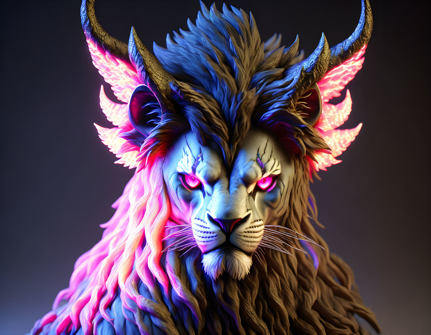 Vibrant digital artwork of majestic lion with glowing eyes