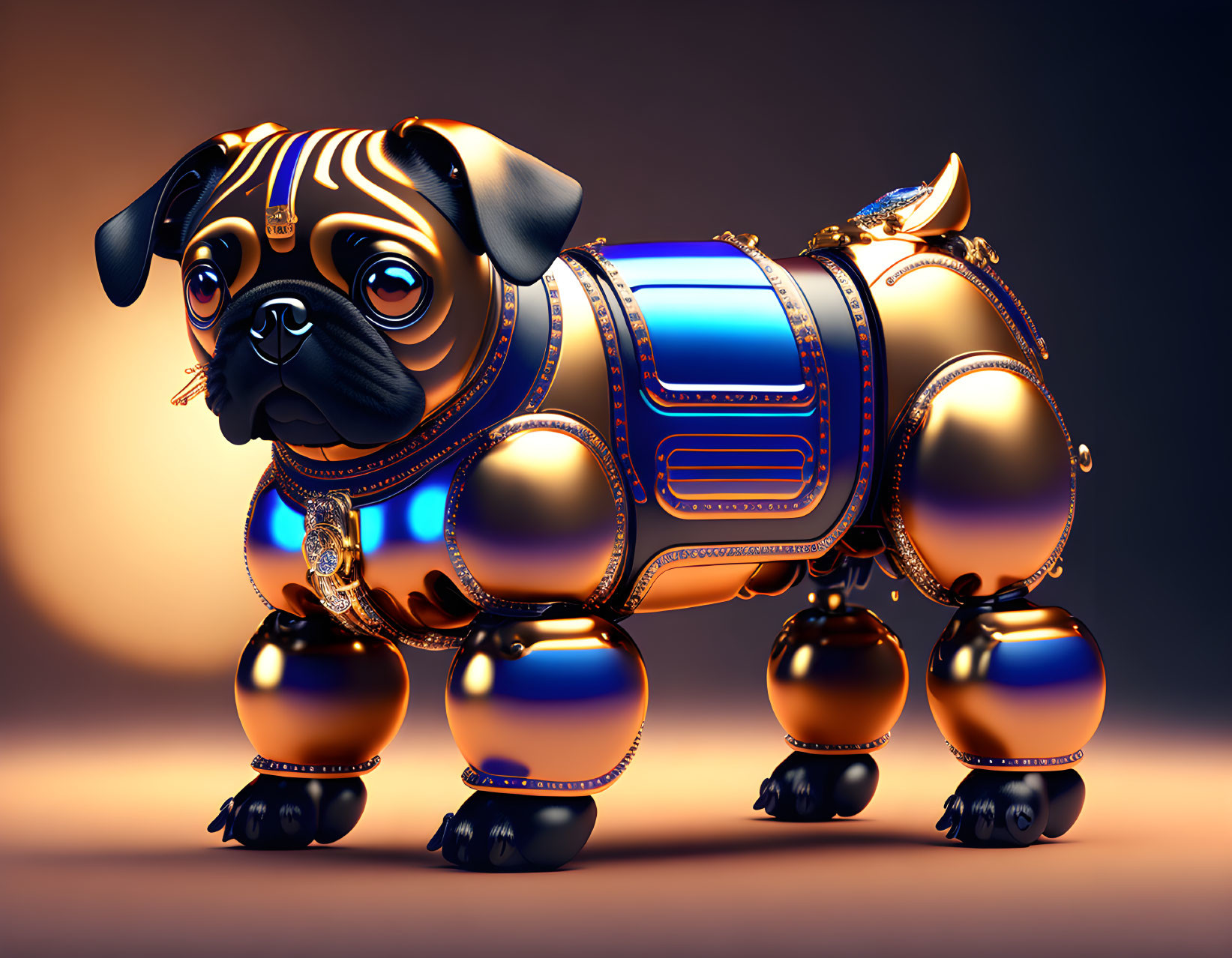 Futuristic robotic pug with gold and blue metallic body