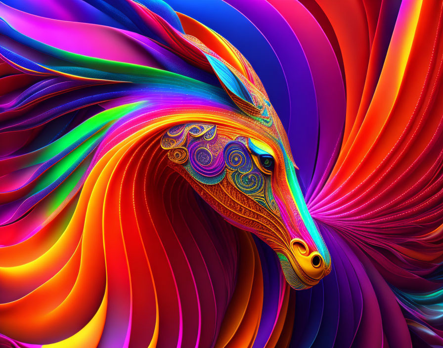 Colorful Stylized Horse Art with Flowing Mane in Blue, Red, and Purple