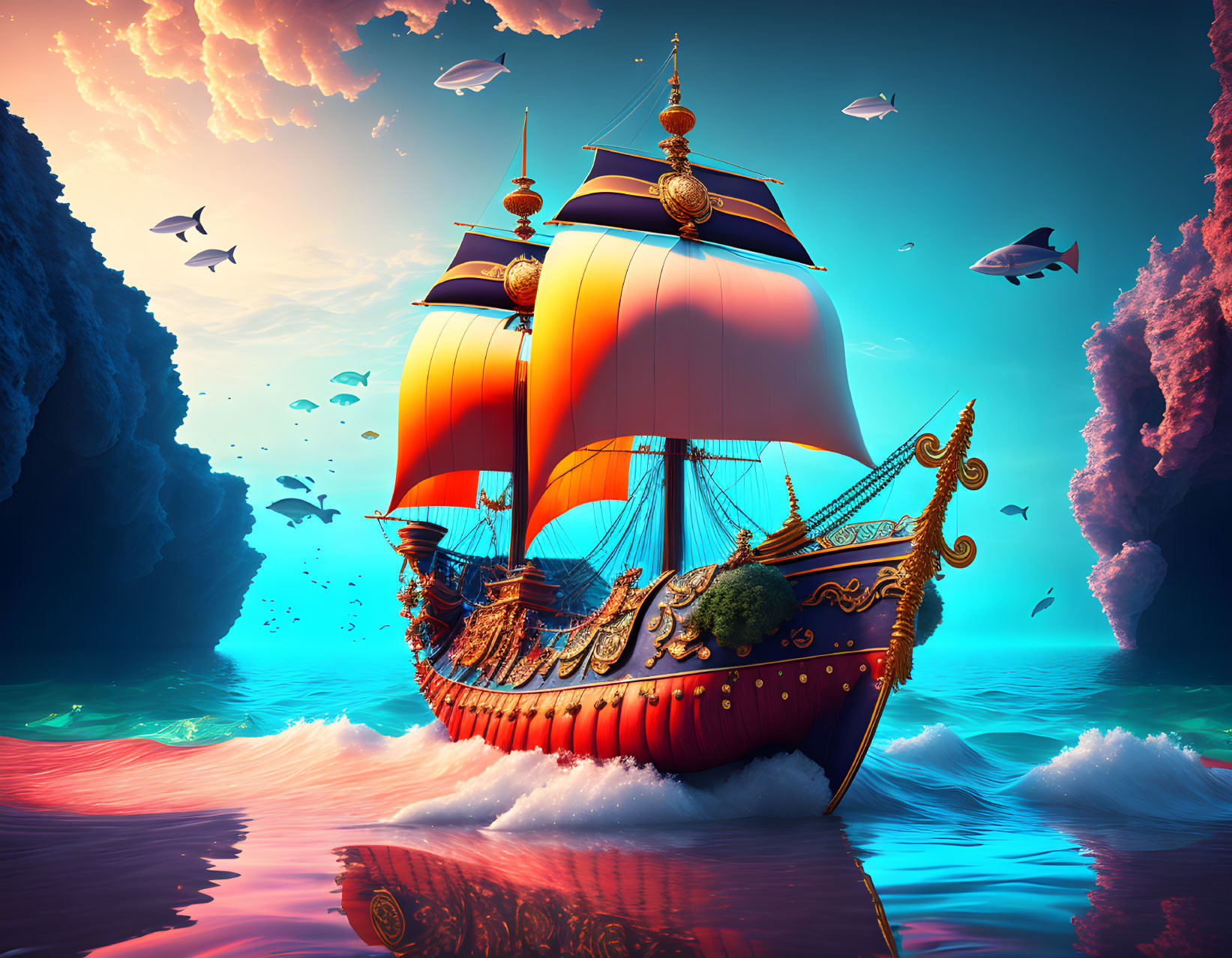 Fantastical sailing ship with golden details and orange sails among rocky cliffs and flying fish.