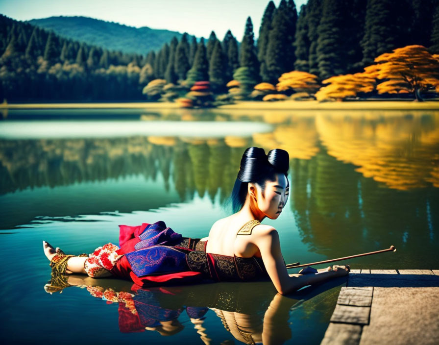 Traditional Japanese Attire Woman Resting by Tranquil Lake