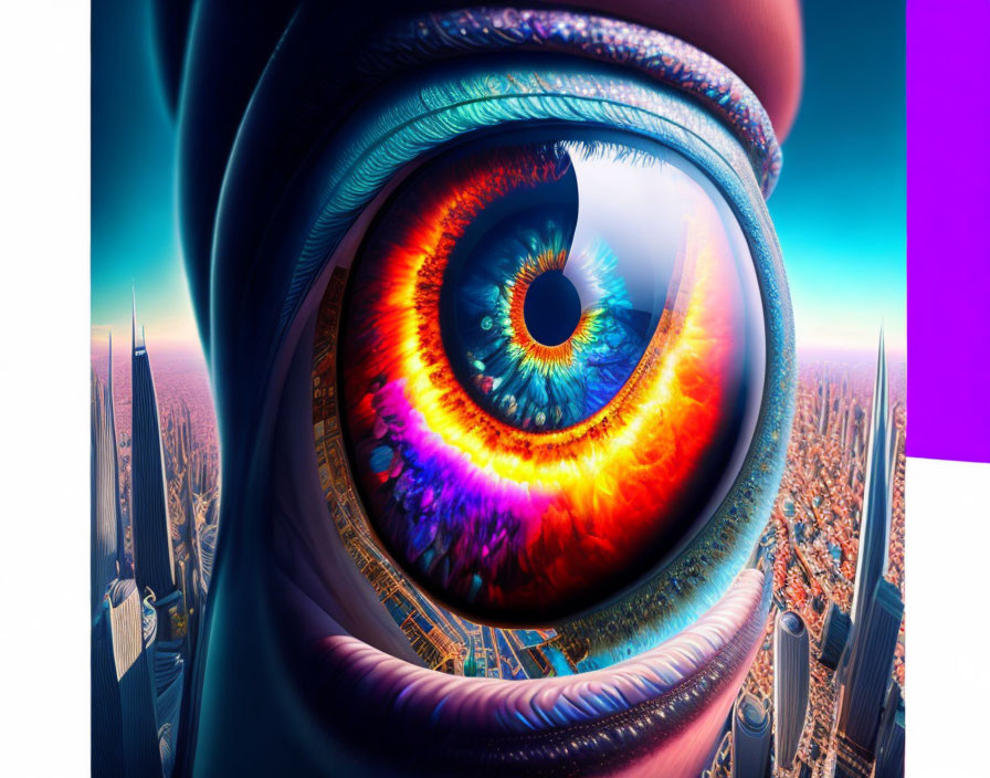 Vibrant multicolored eye in surreal futuristic cityscape