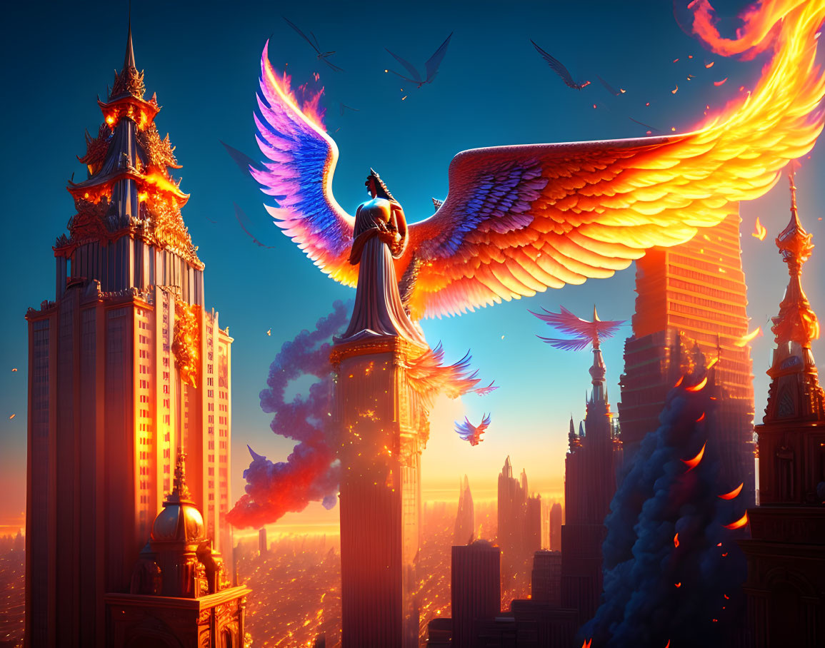 Majestic phoenix with fiery wings on pillar in fantastical cityscape.