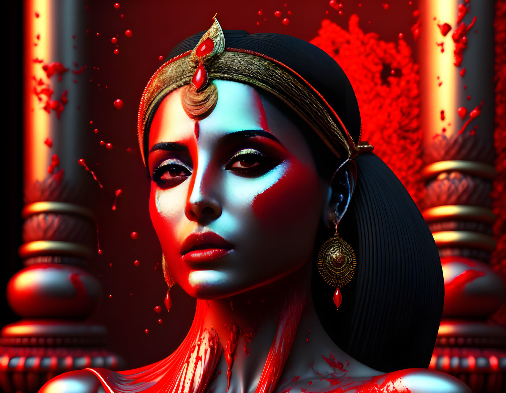 Stylized digital portrait of woman with red makeup and traditional adornments.