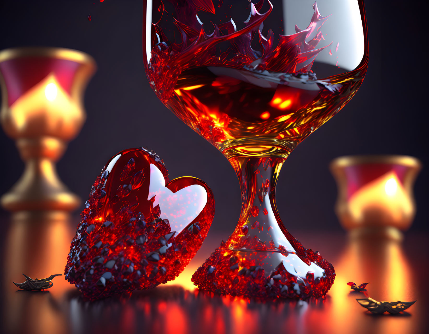 Digital artwork: Red liquid splash with hearts and candles on dark background