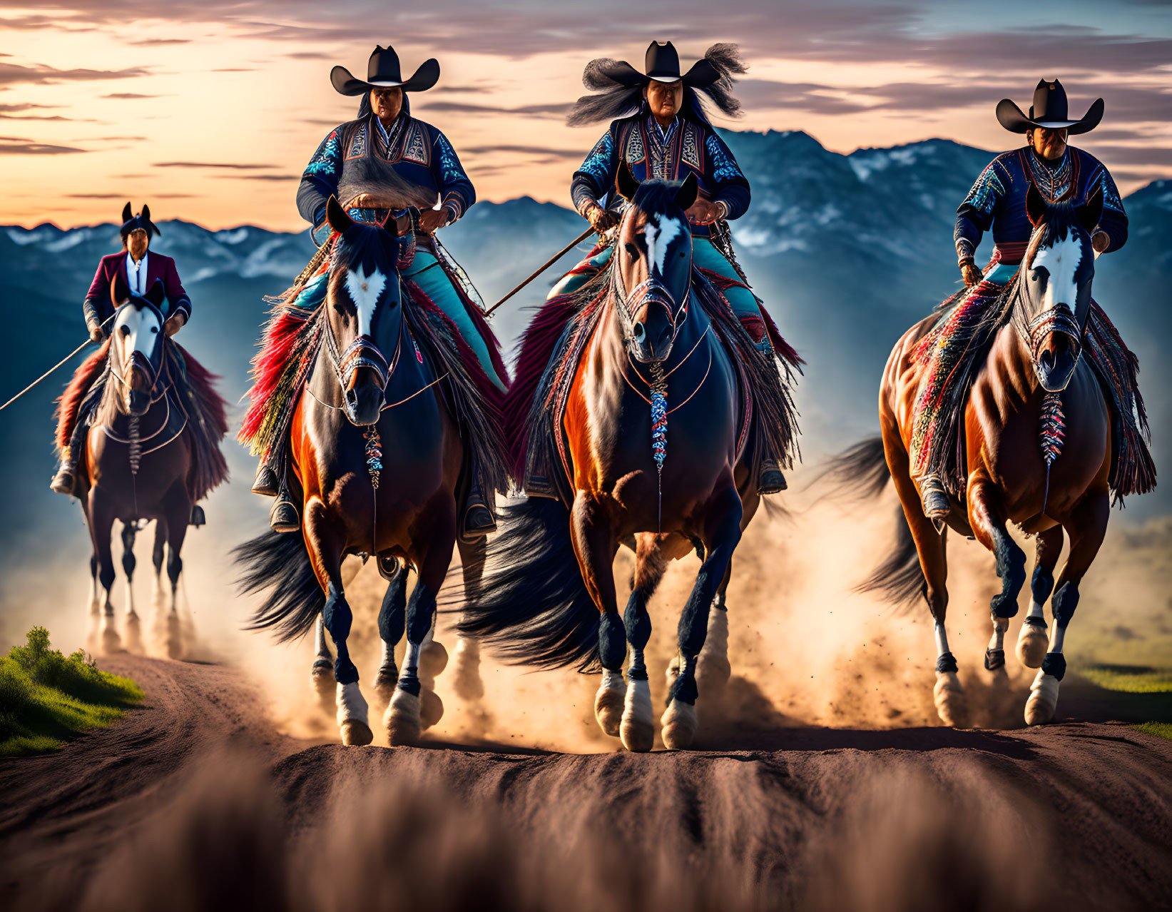 Four galloping cowboys under dramatic sunset sky