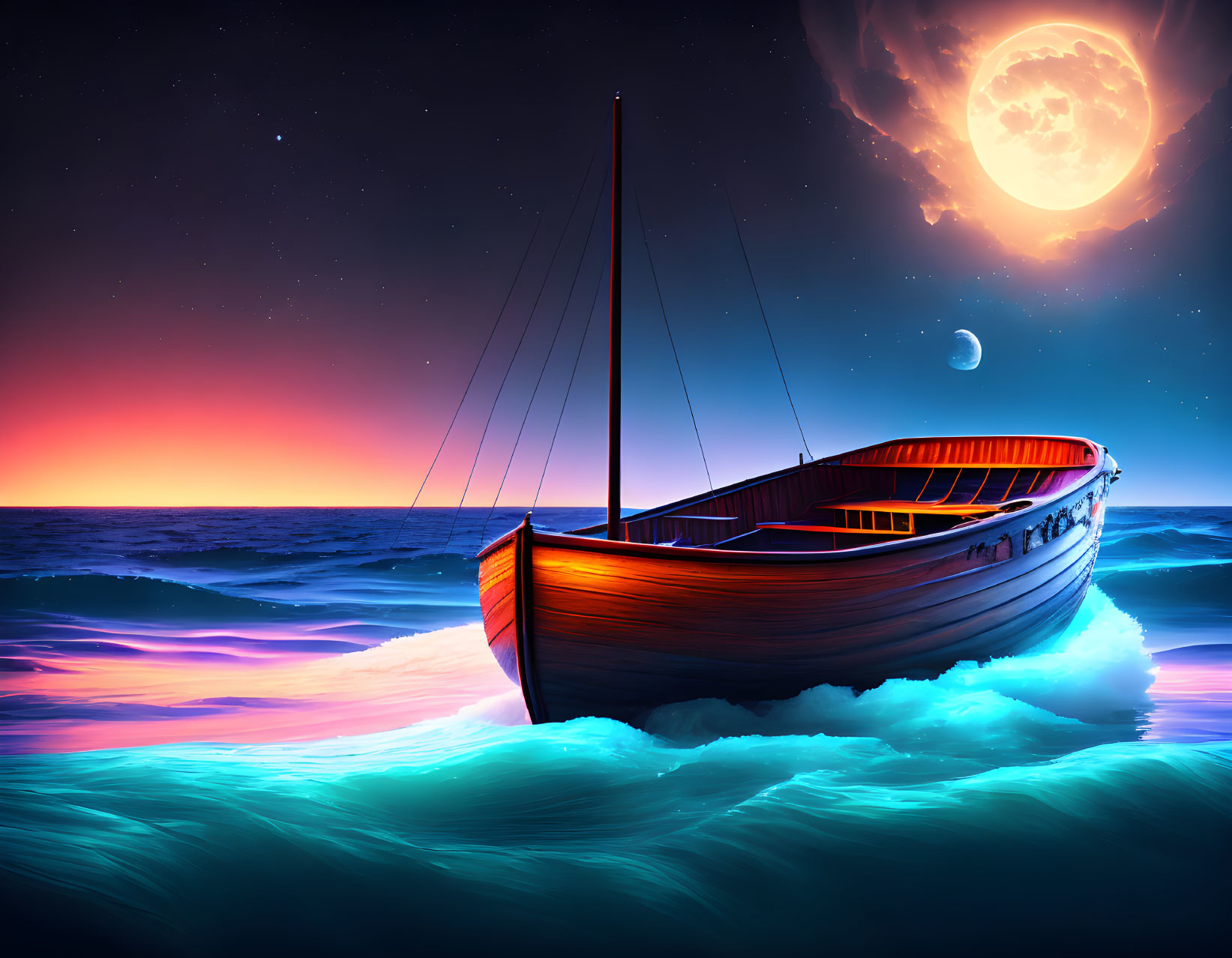 Wooden Boat Sailing on Blue Ocean Waves Under Night Sky