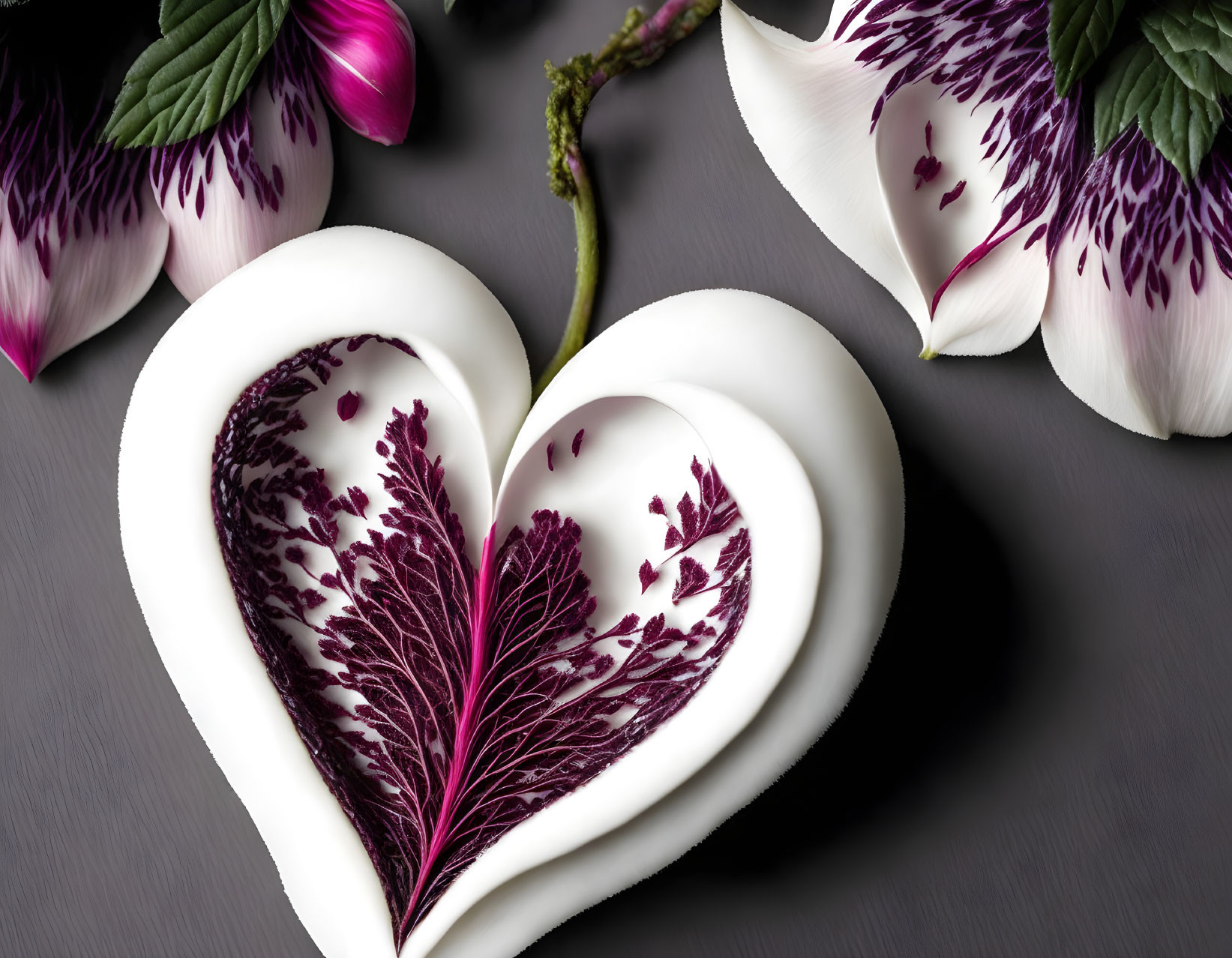 White heart-shaped plate with purple leaf pattern and pink petals on dark surface