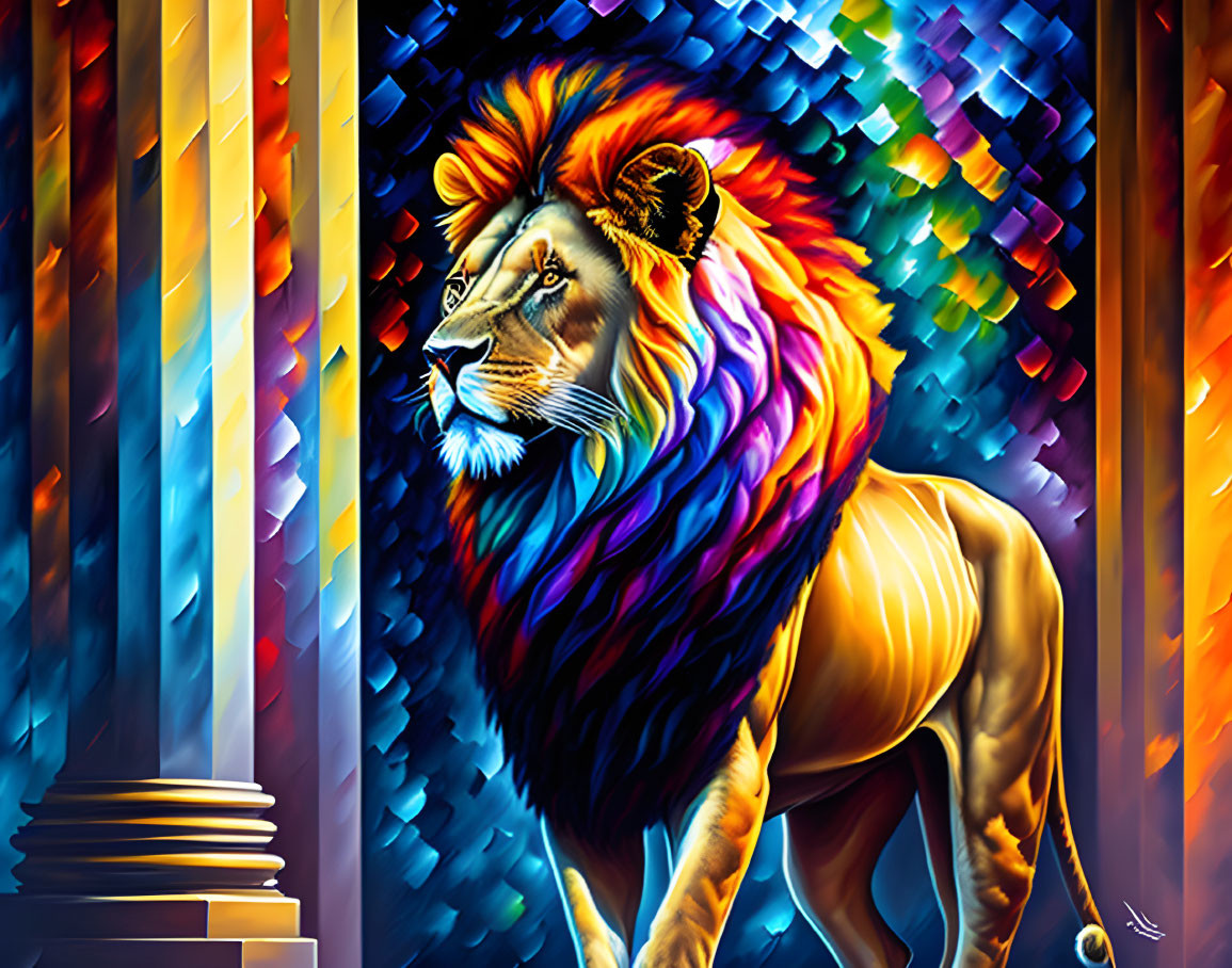 Colorful Lion Painting with Abstract Background