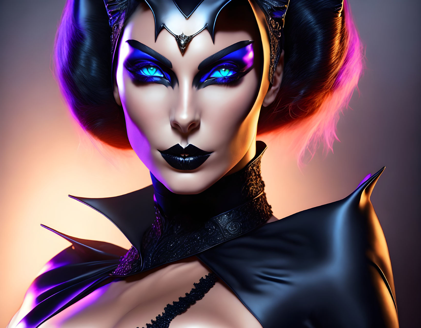 Female digital artwork with vibrant blue eye makeup and futuristic headgear on warm-toned backdrop