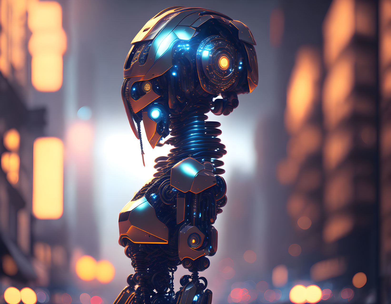 Sleek Golden Futuristic Robot in Urban Nightscape