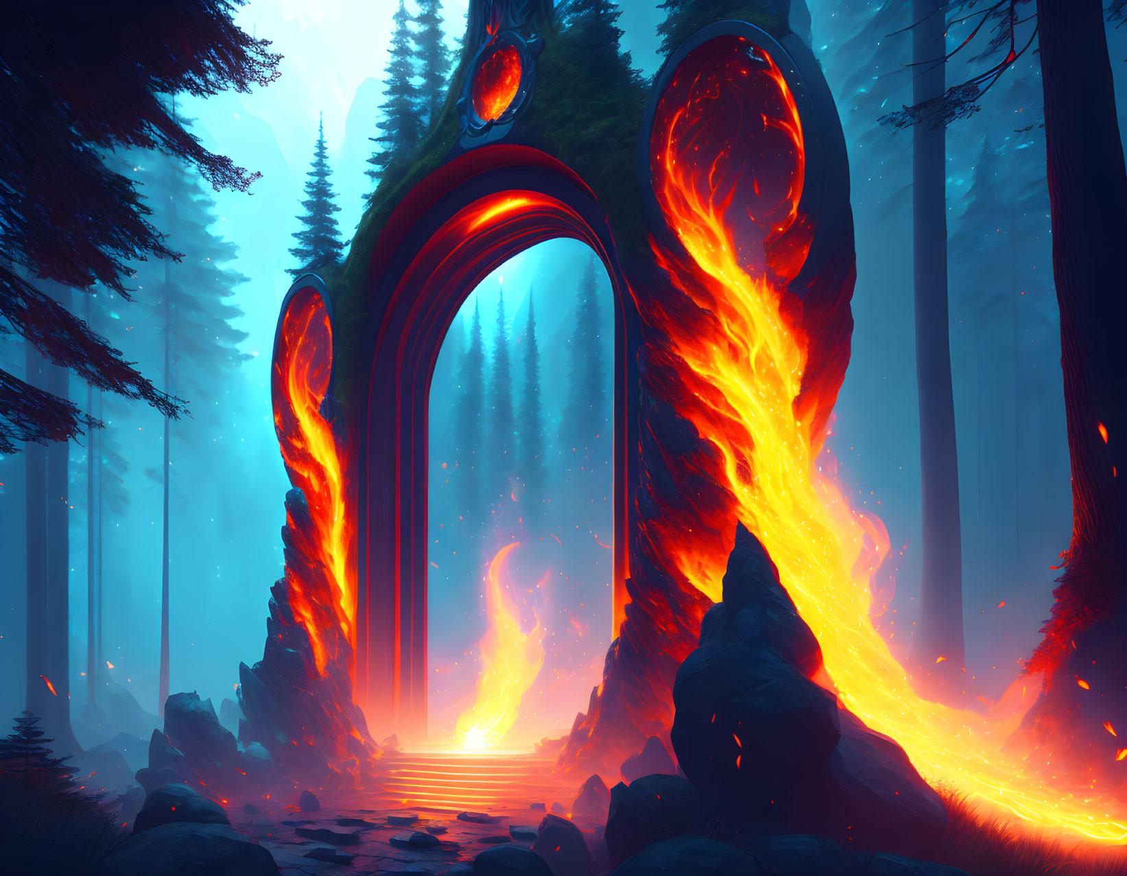 Mystical fiery archway in misty forest with glowing runes