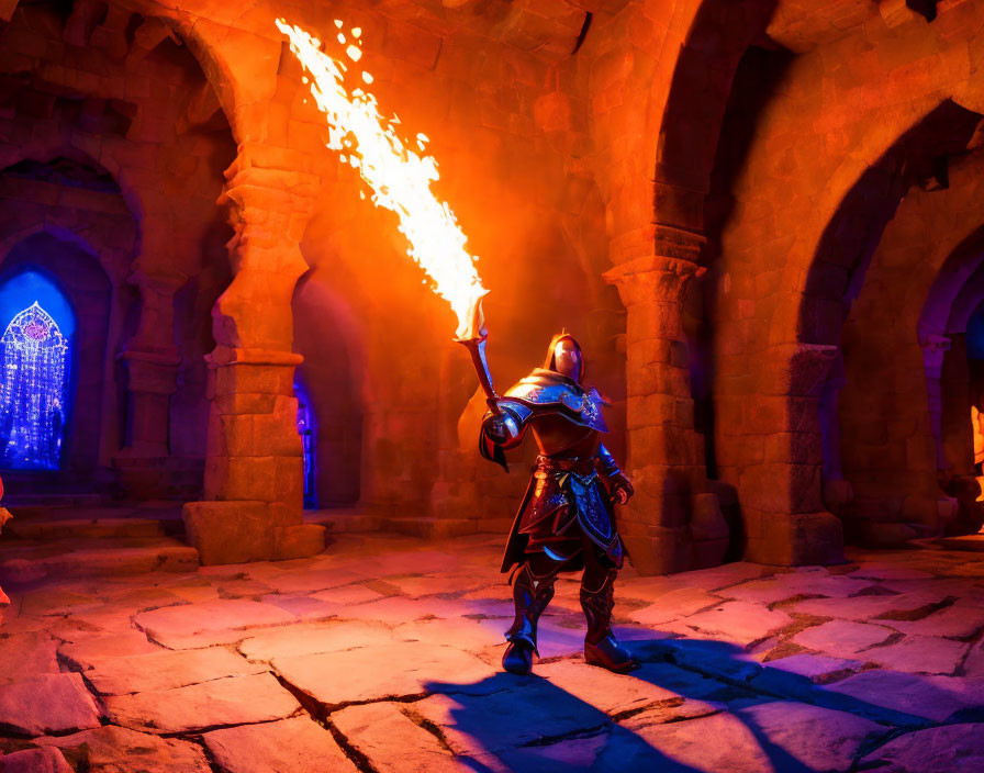 Medieval warrior with flaming sword in mystical stone chamber