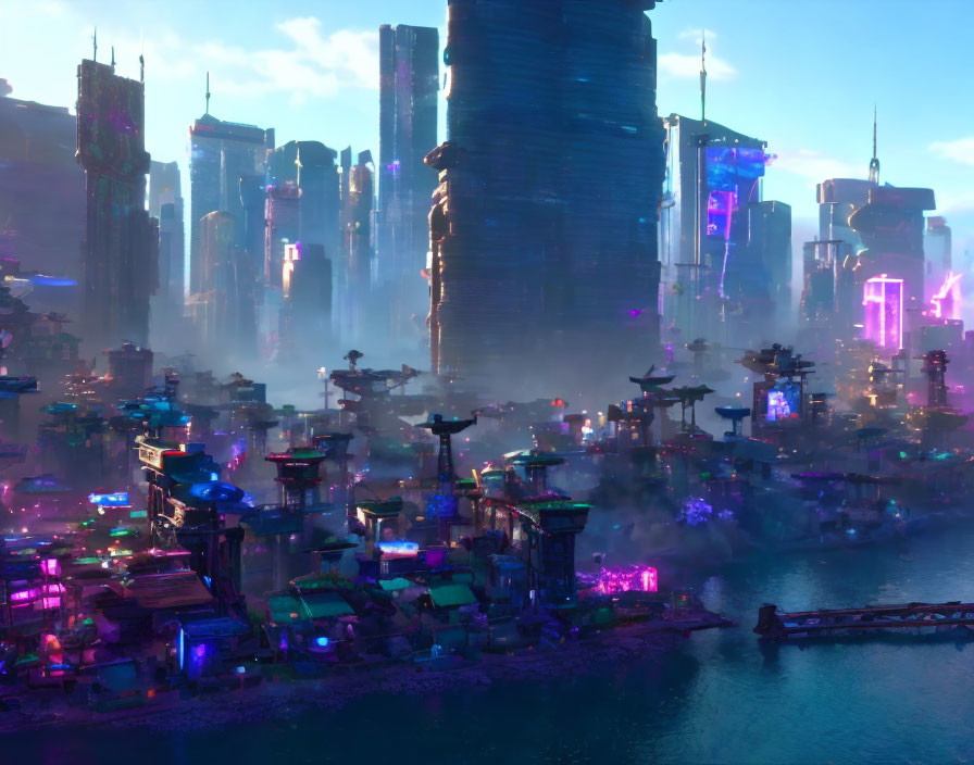 Futuristic neon-lit cityscape with skyscrapers and misty haze