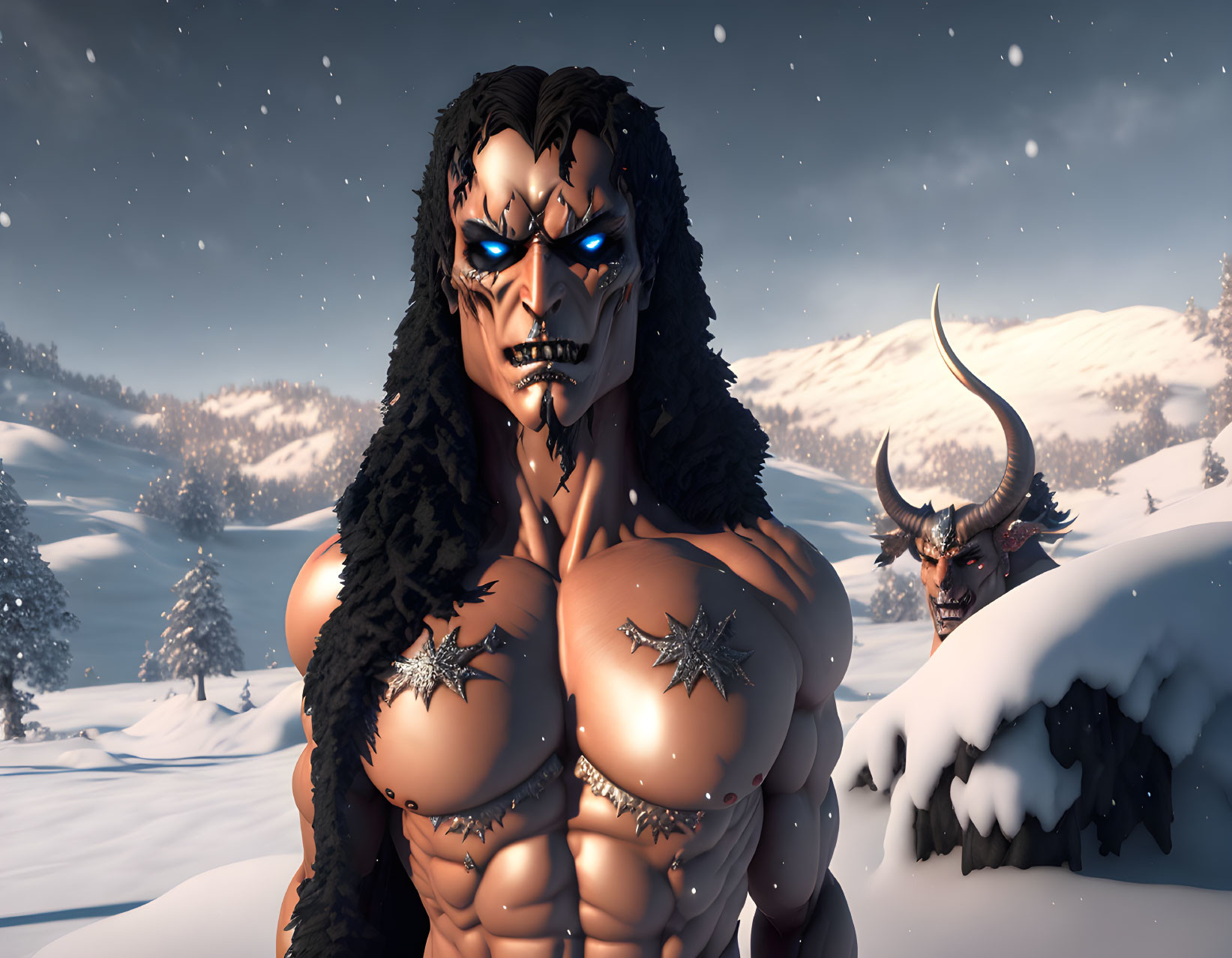 Dark-skinned fantasy woman with blue eyes in snowy landscape with horned creature