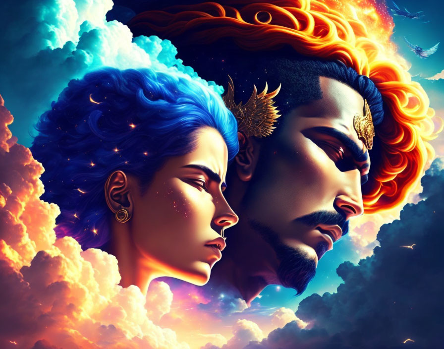 Colorful illustration of man and woman with fiery celestial hair in cosmic setting