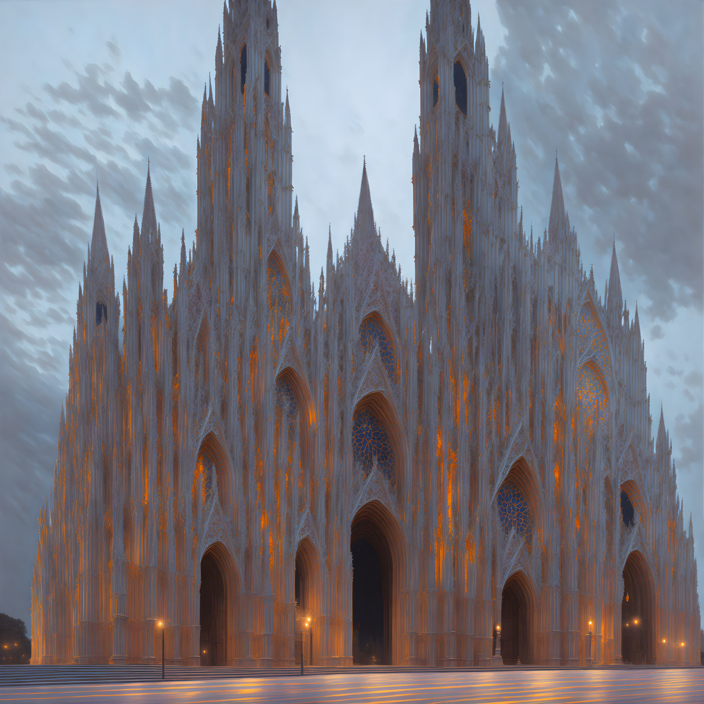 Majestic gothic cathedral with intricate facades and towering spires in dramatic dusk setting