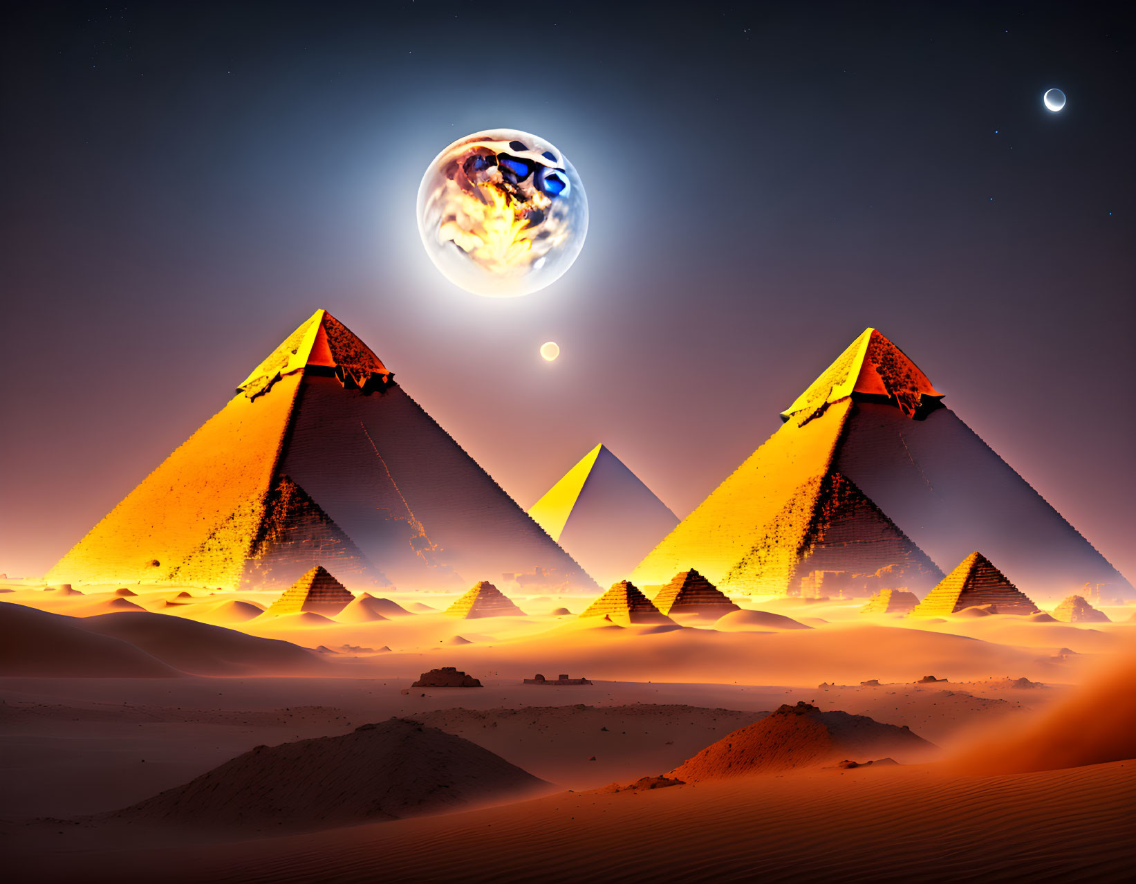 Three Pyramids Under Starry Sky with Earth and Moon Over Desert