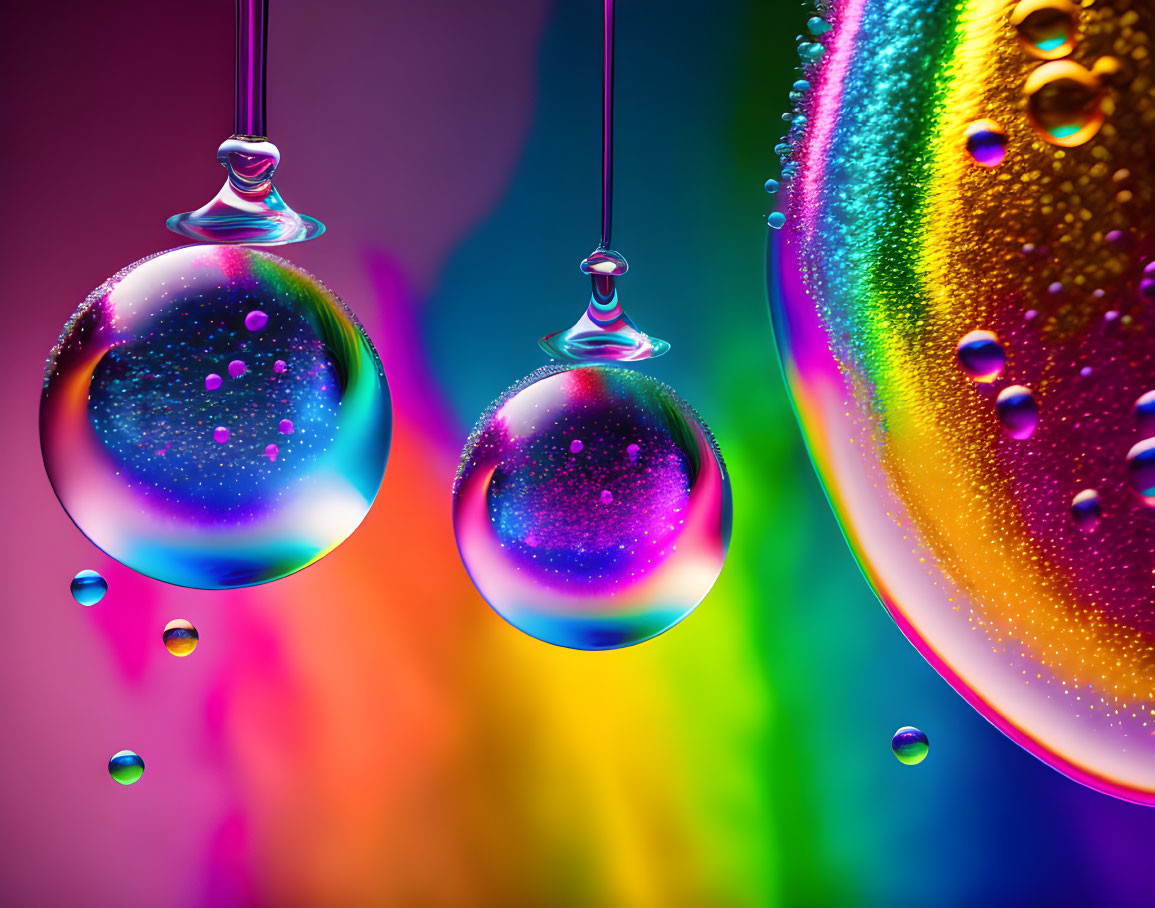 Vibrant background with suspended water droplets and reflective surface