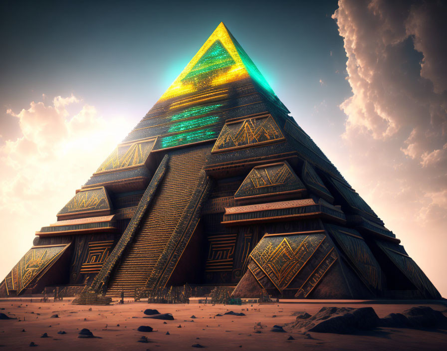 Glowing futuristic pyramid in desert under dramatic sky