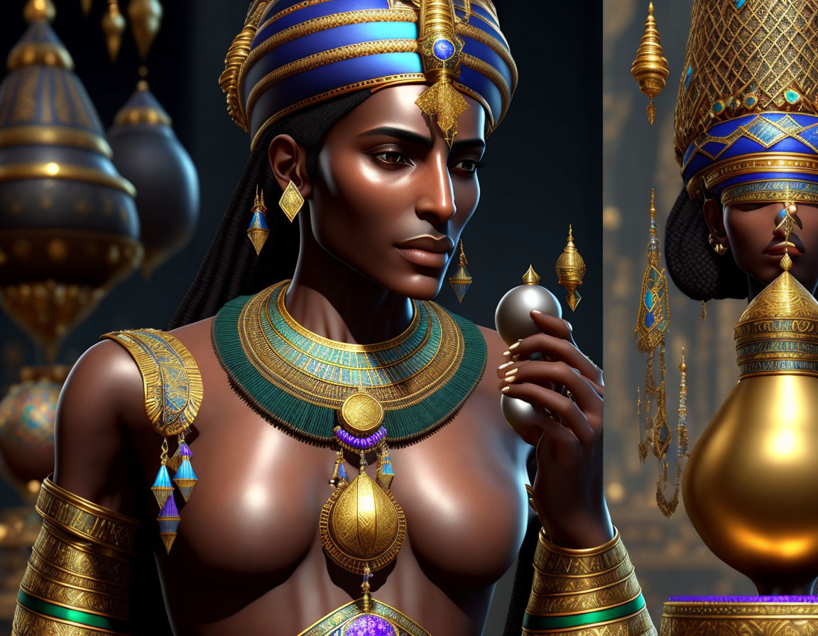 Stylized digital artwork of regal woman in Egyptian attire