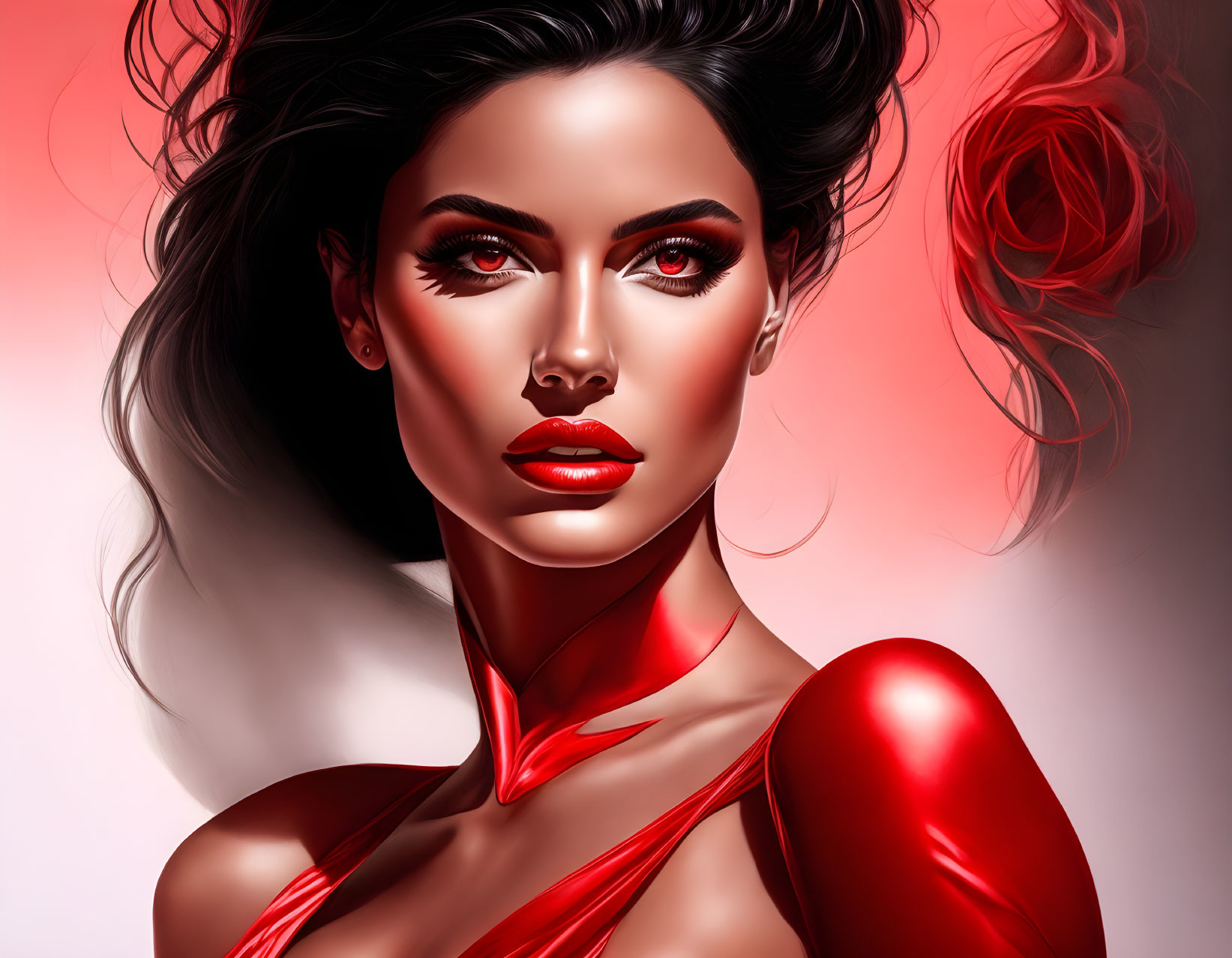 Vibrant woman portrait with red lips, dress, and flowing hair on red backdrop