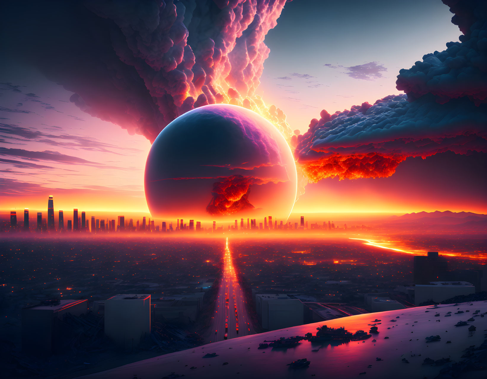 Giant planet looming over city at sunset with apocalyptic clouds and fiery trail