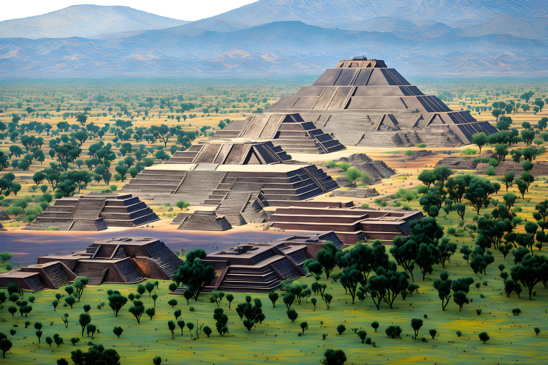 Ancient Mesoamerican Step Pyramid in Lush Landscape