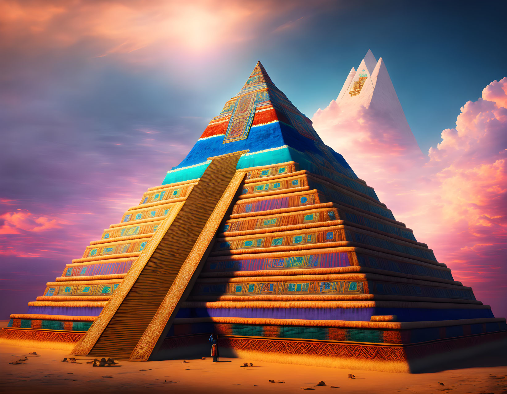 Colorful Stylized Pyramid with Intricate Patterns under Dramatic Sky