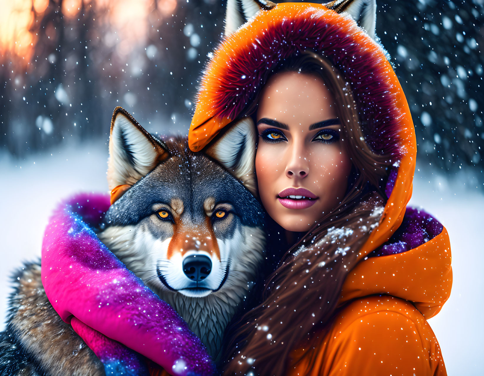 Woman embracing wolf with vibrant scarf in snowy backdrop