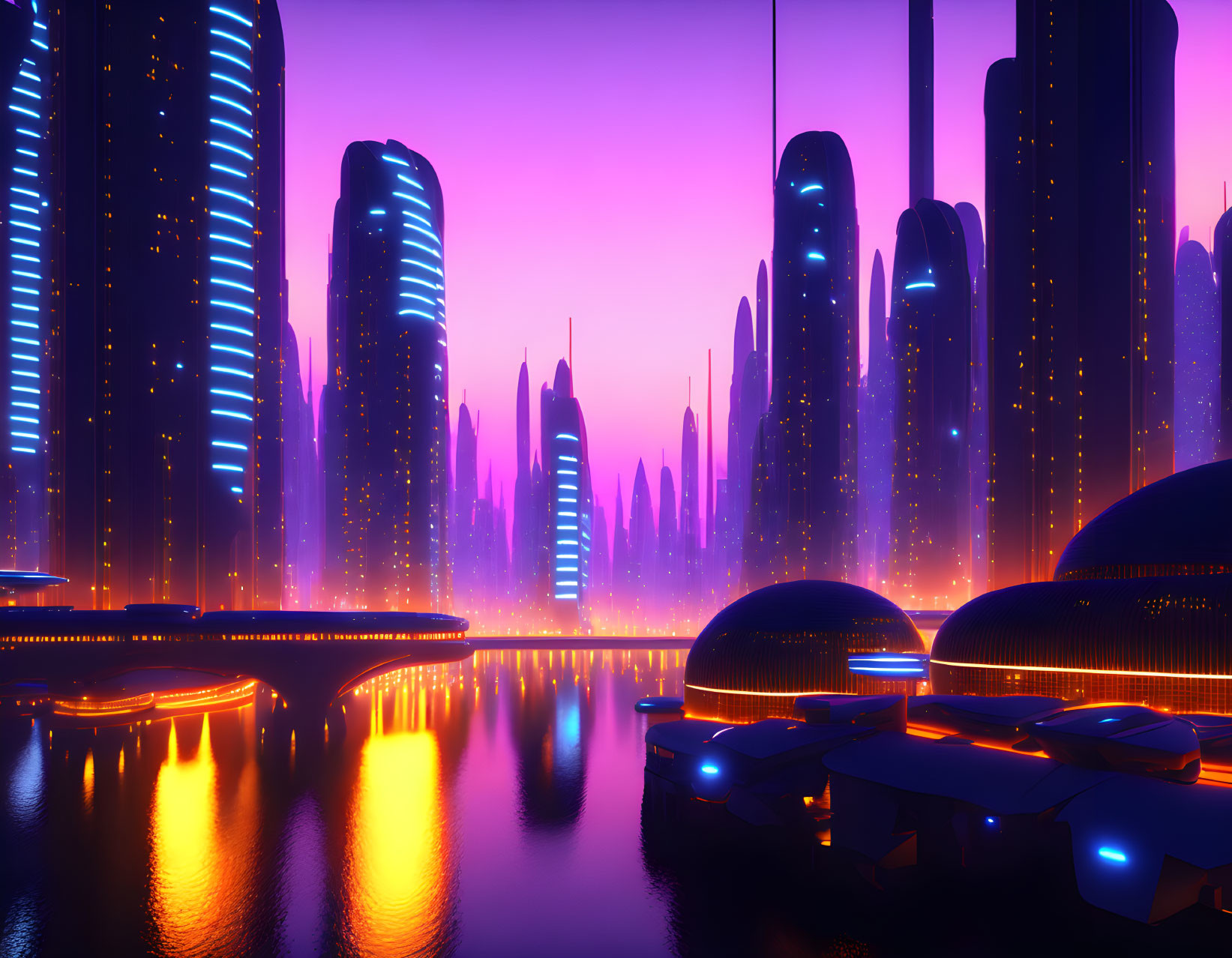 Glowing futuristic cityscape at dusk with neon lights and advanced architecture