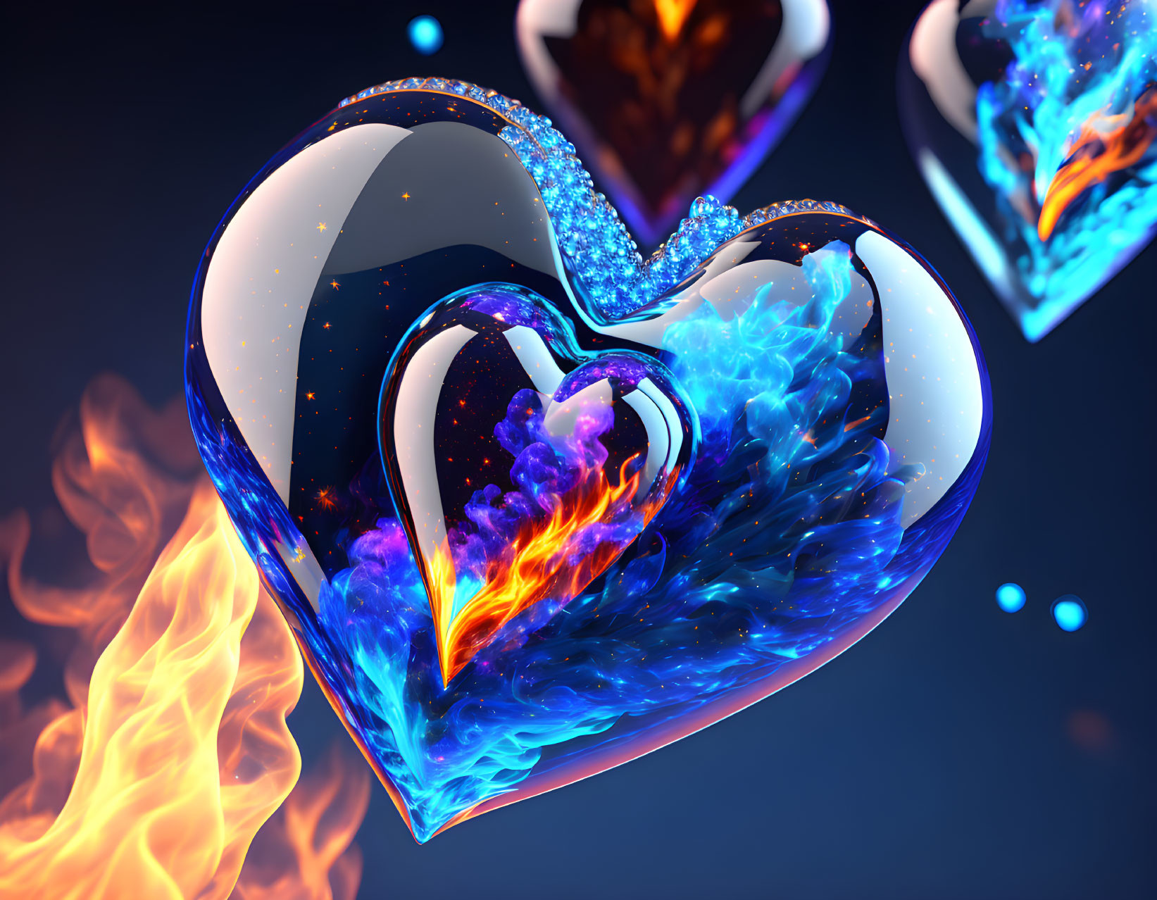 Vibrant 3D digital illustration of nested heart shapes with glass-like surface and blue-orange flames