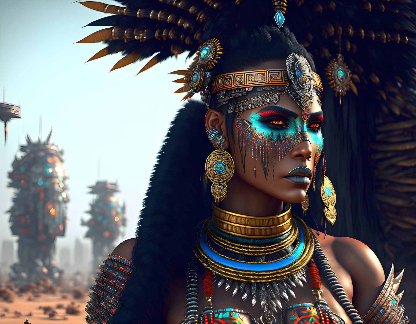 Digital artwork: Woman in tribal attire with futuristic backdrop