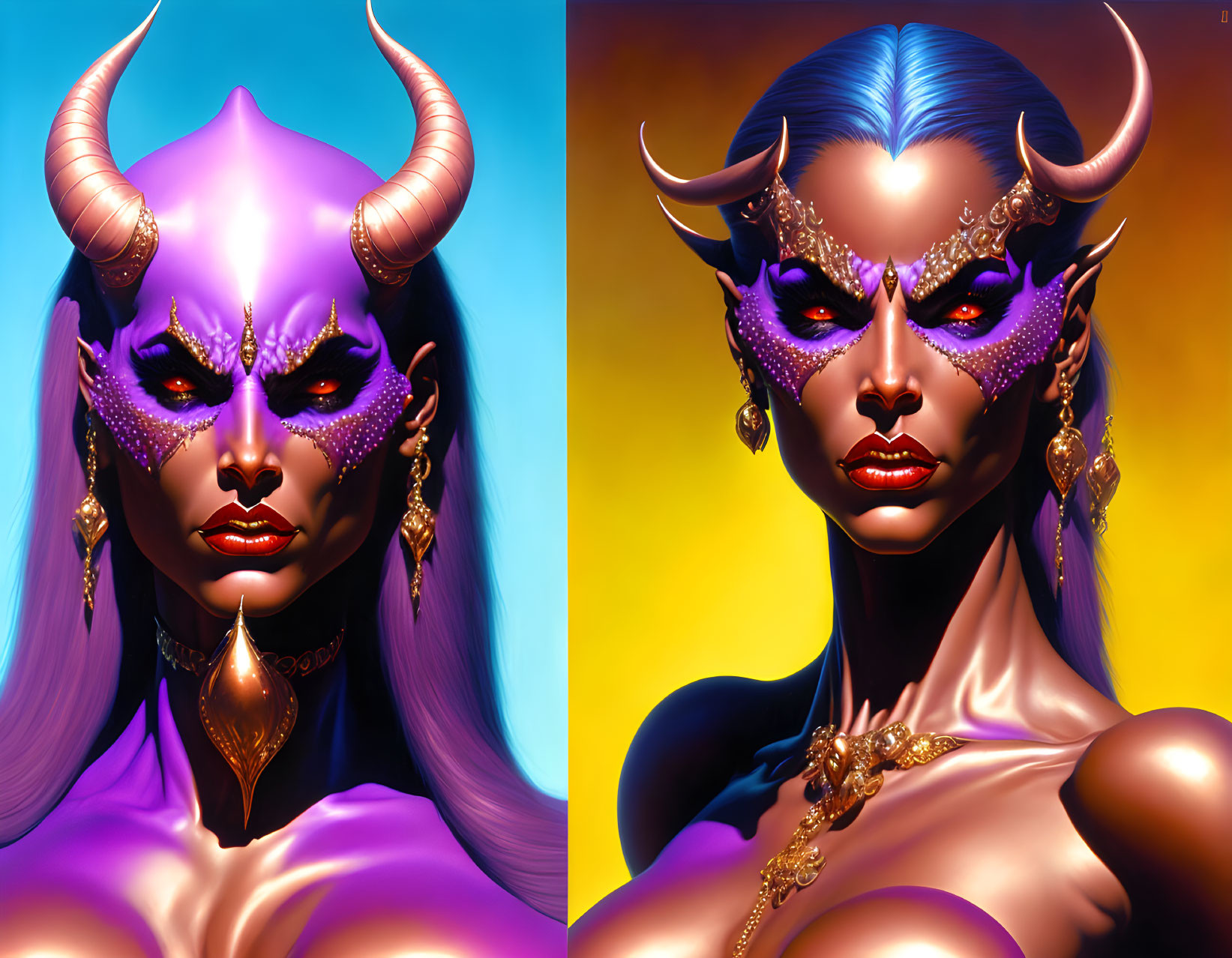 Fantasy digital artwork: Female character with horns, blue skin, yellow eyes, and golden jewelry on