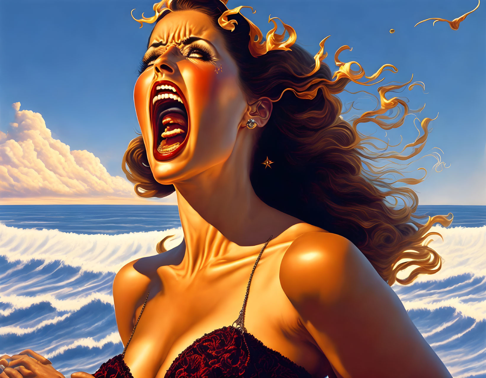 Vivid painting of a woman screaming with fiery hair and ocean backdrop