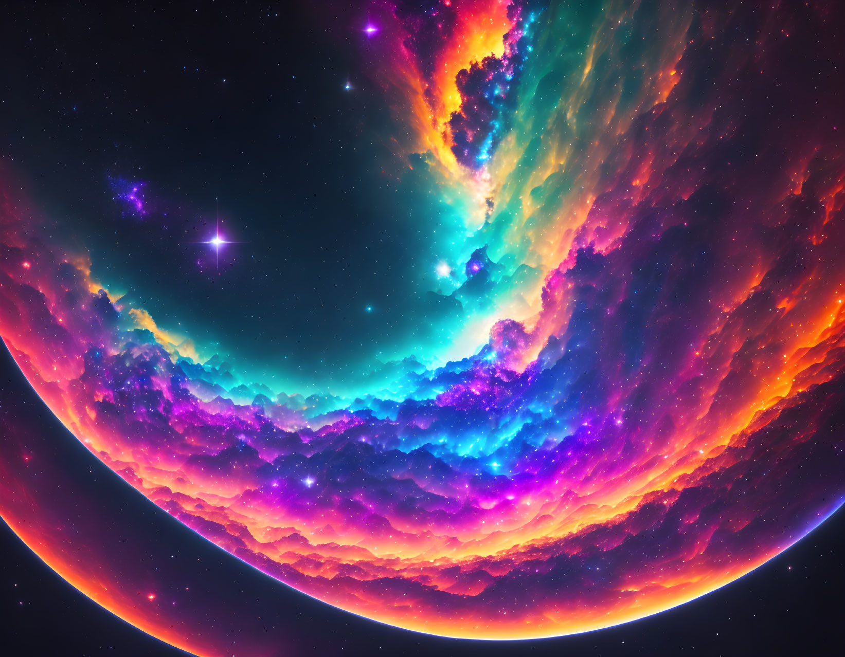 Colorful space scene with curved planetary horizon and star-studded sky