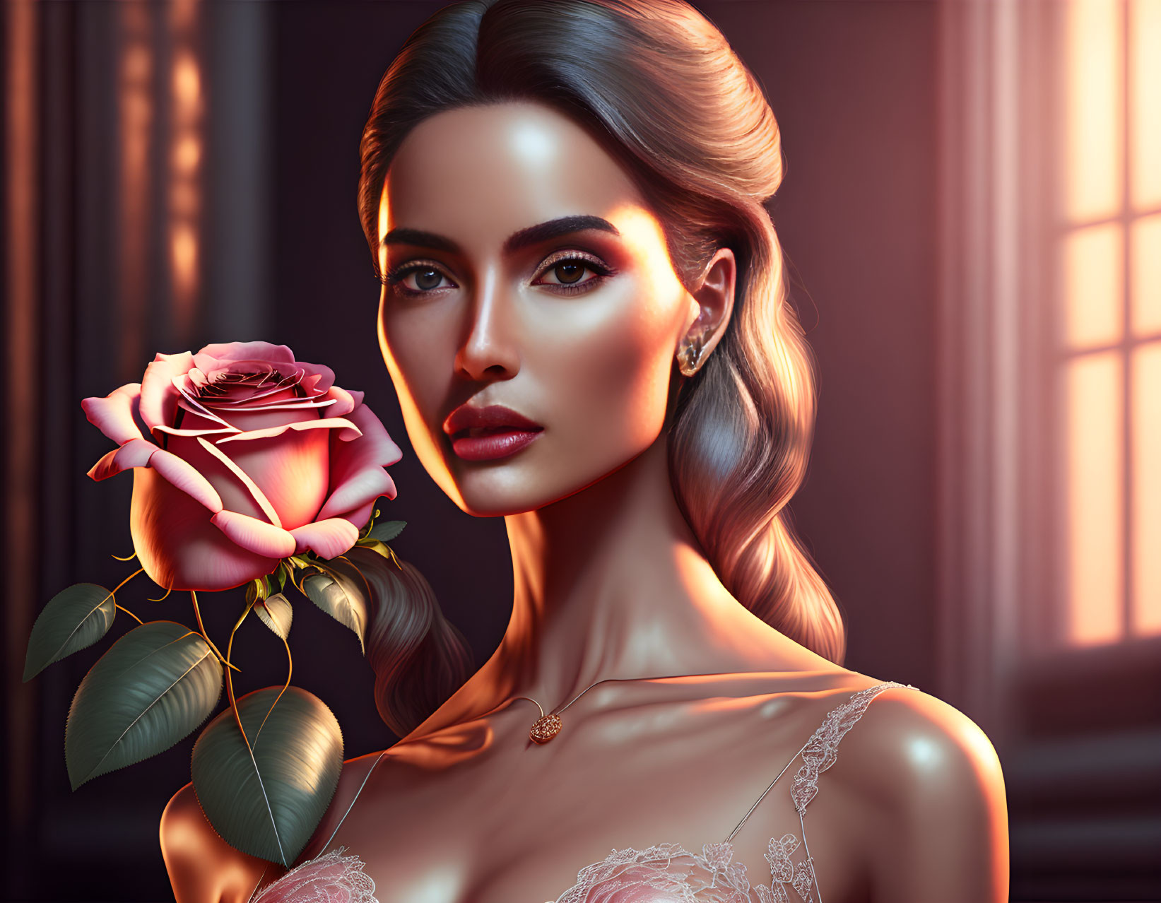 Digital Artwork: Woman with Rose in Warm Light